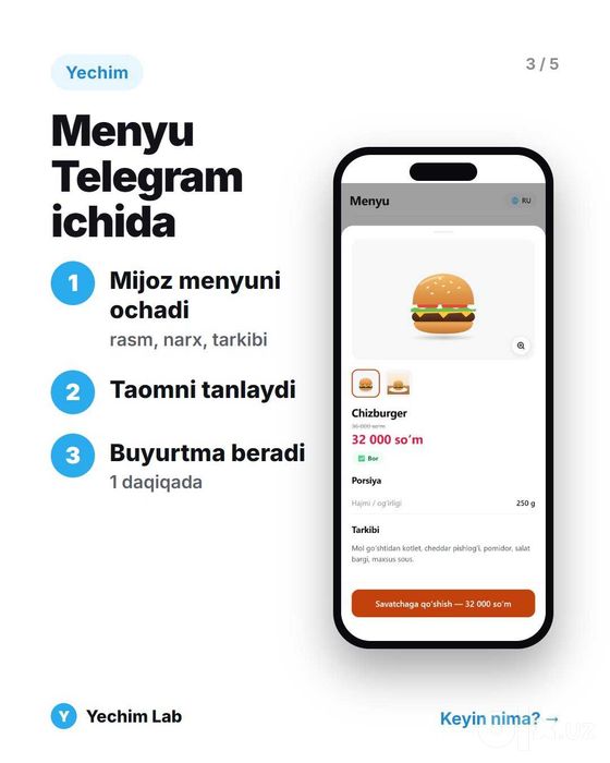 Restoran va doʻkon uchun Telegram bot + Mini App — 3 kunda tayyor