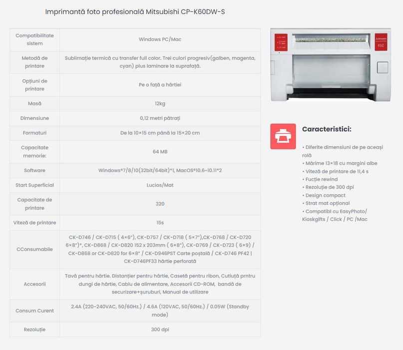 Imprimanta cu sublimare Mitsubishi CP-K60DW-S pentru cabine foto