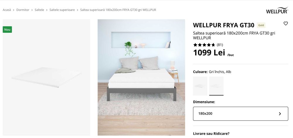 Topper (saltea superioara) 180x200cm FRYA GT30 gri WELLPUR - NOUA