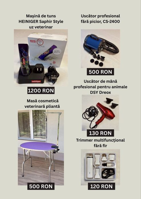 Kit complet grooming / toaletare canină – Heiniger Saphir, masă grooming, uscător profesional, distantiere Wahl - Moser, foarfeci EHASO