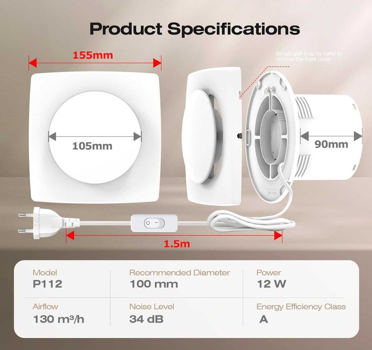 Вентилатор за баня BUMSOU 100mm, 130 m³/h, с вграден ключ (превключвател)