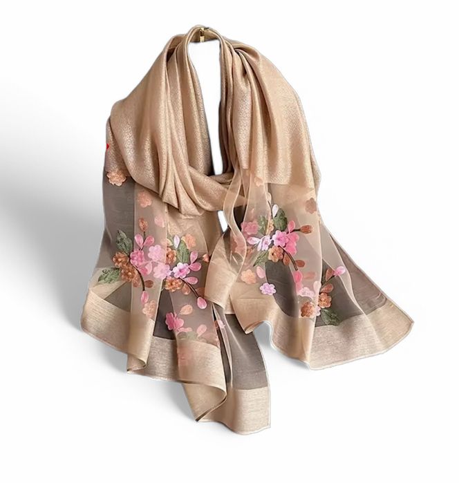 ПОСЛЕДНИ! Луксозен шифонен шал с флорална бродерия - различни цветове