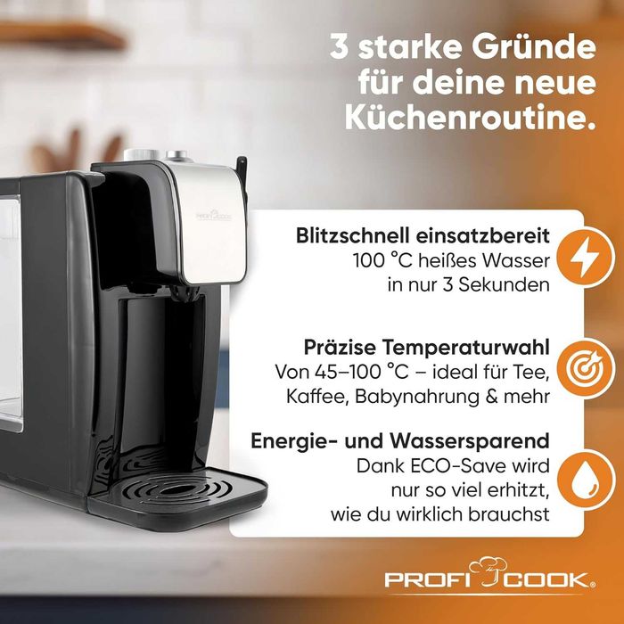 ProfiCook PC-HWS 1168 Високоскоростен диспенсър за вода, 100°C за приблизително 3 секунди, променлива температура от 45°C до 100°C, капацитет до 2,2l