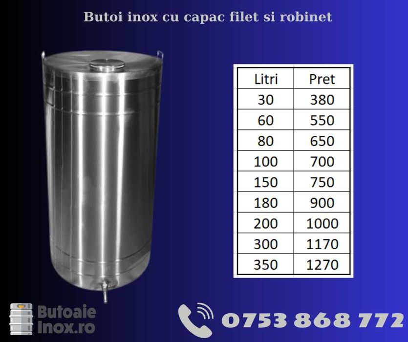 Butoi inox alimentar pentru vin 300 litri cu robinet