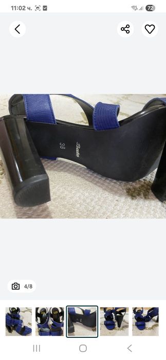 Обувки висок ток червени, сини Bata, сребристи сандали - естествена ко