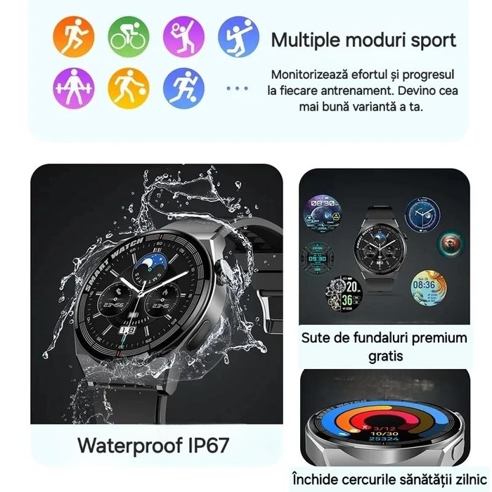 Smartwatch Bluetooth HD: apel/mesaje. Mod sport/fitness. Android&IOS.