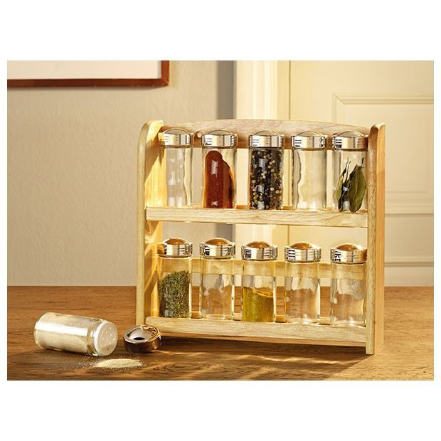 Сет за подправки с дървена стойка и 10 бурканчета