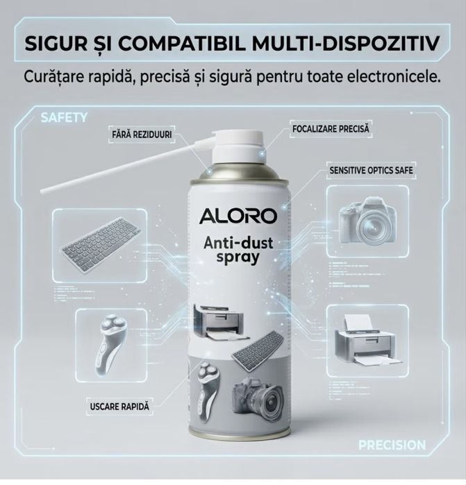 Spray cu Aer Comprimat pentru Curatare Electronice si PC, Aloro®, 400 ml, Jet Puternic, Ideal pentru Tastaturi, Laptopuri si Componente IT