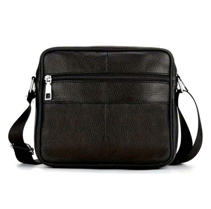 Мъжка квадратна кожена чанта за през рамо/Обемна от черна естест. кожа