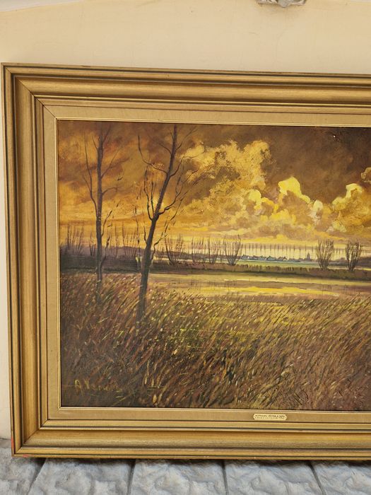 Огромна антикварна авторска картина масло върху платно