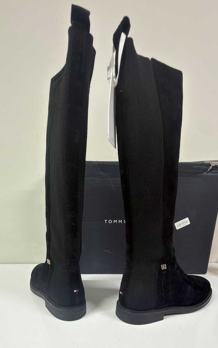 НОВИ Дамски велурени ботуши TOMMY HILFIGER Flag Long Boot (Черни) - Размер 37 (23.5 см стелка)