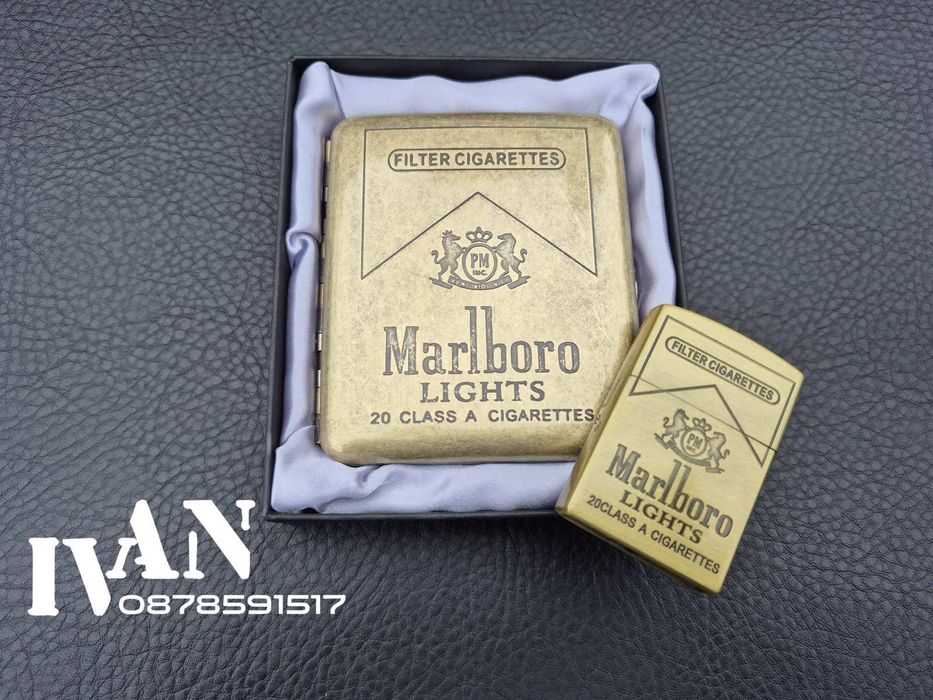 Табакера от месинг и газова запалка  комплект  Marlboro