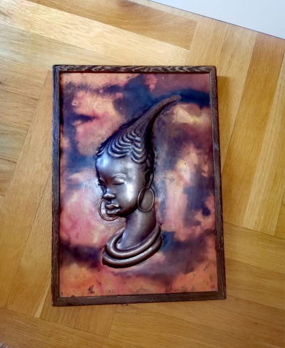 Антикварен Бюст жена стил арт нуво медна стенна плоча картина изкуство