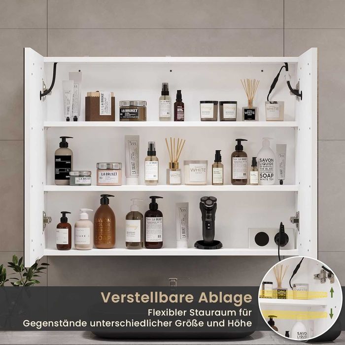 Шкаф за баня с огледало и осветление, 80 x 16 x 60 см, с LED и контакт