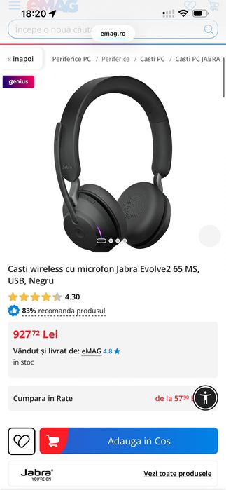 Casti wireless cu microfon Jabra Evolve2 65 MS, USB, Negru