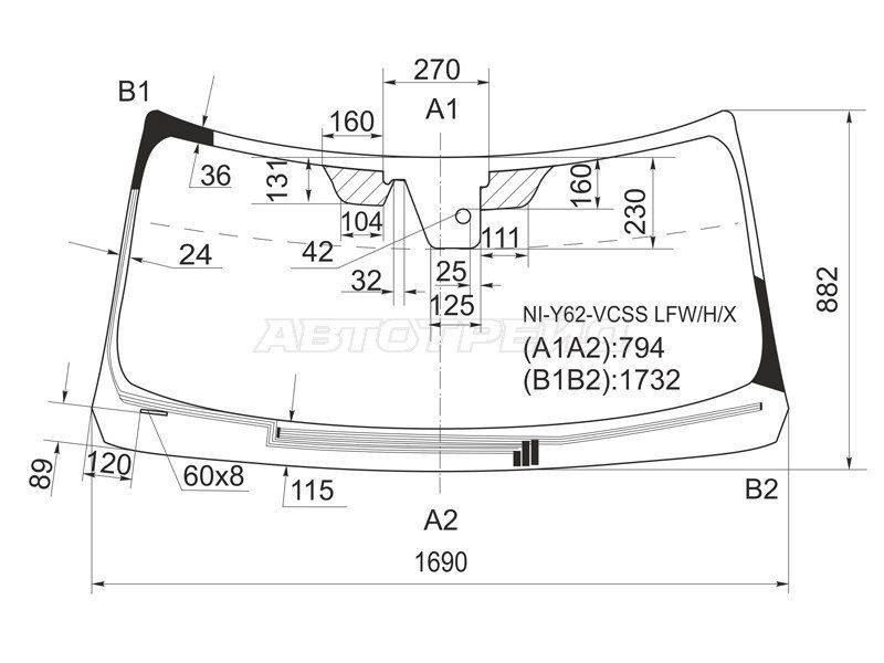 Стекло лобовое с обогревом щеток  Nissan Patrol