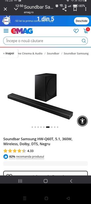 Soundbar Samsung Q60 T 360W 5,1 Redare Hfi internet wireless USB HDMI