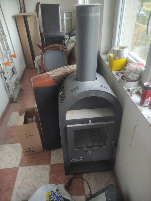 Semineu pe lemne, brichete, carbune, metalic, Caldi, cu plita, negru, 6 kW, 1.9 kg/h, 485 x 426 x 980 mm