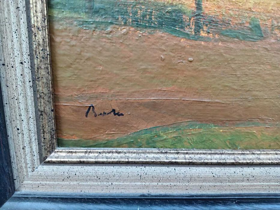 Tablou vechi - apus peste sat - semnat Baba