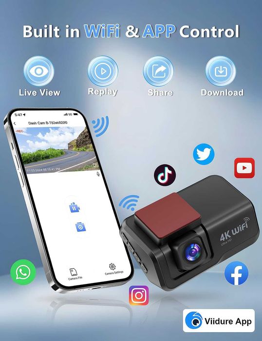 Otovoda Видеорегистратор за автомобили с предна и задна камера, 4K+1080P WiFi двойна видеокамера