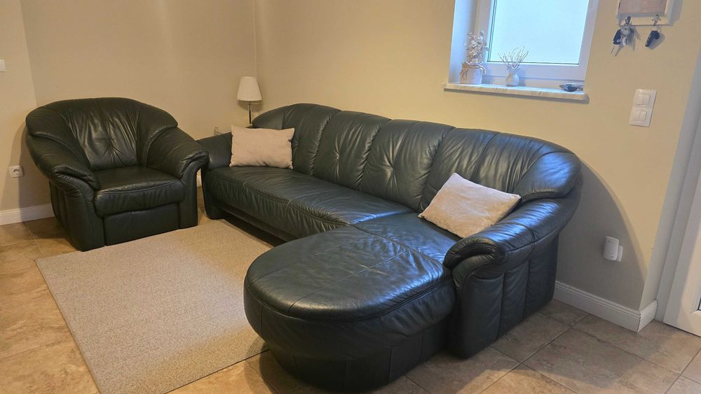 Coltar + fotoliu  piele naturala verde inchis