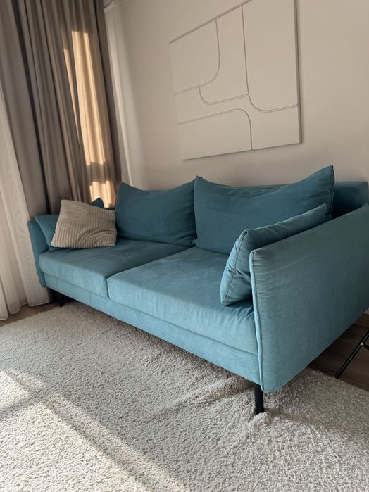 Триместен ъглов диван в тюркоазено синьо