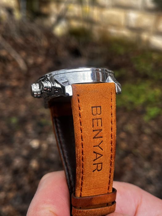 Мъжки часовник Benyar, хронограф, бял циферблат, кафява кожена каишка