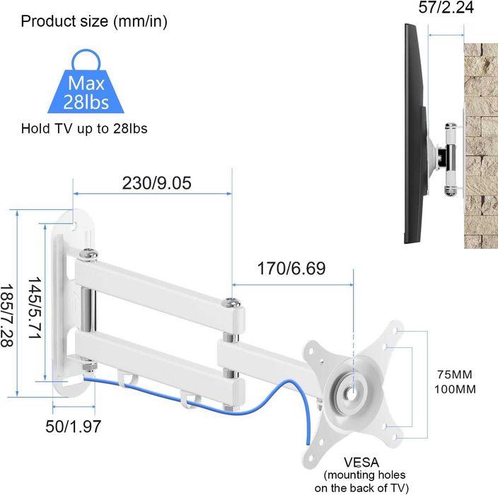 Suport monitor pe perete, pivotant, regrabil , 24-32", alb sau negru