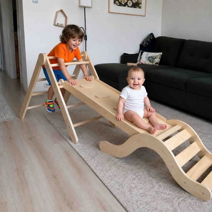 Set Montessori 7 în 1 complet - Cadru alpinism + Tobogan + Arc + Covoraș - lemn masiv, 1-3 ani