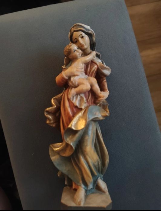 Statuetă Lemn sculptată și pictată manual, Fecioara Maria și Pruncul Iisus
