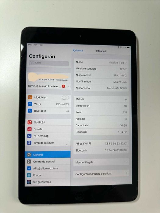 Vând iPad Mini 2 Retina Wi-Fi, 16 GB, Gri Stelar