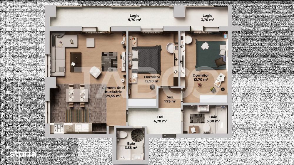 Apartament cu 3 camere 2 bai si 2 balcoane - finalizat si intabulat