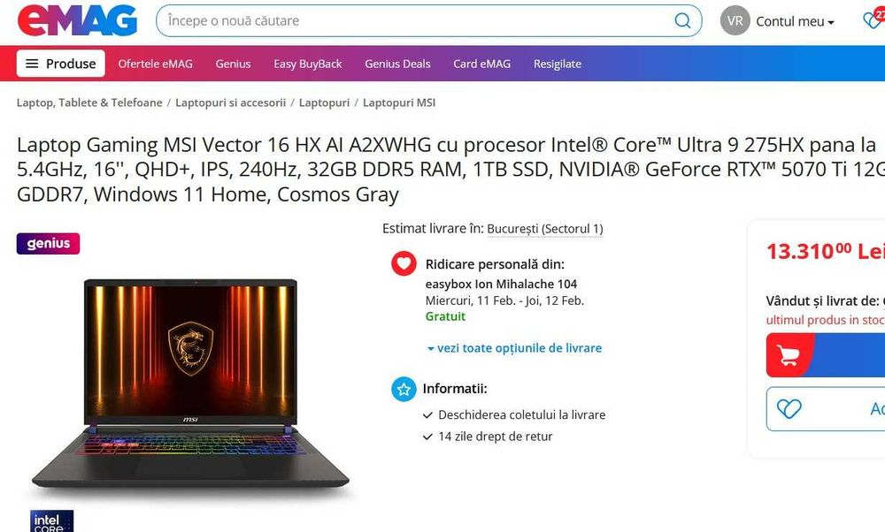 Gaming MSI VECTOR Ultra 9 275HX 32GB RTX 5070Ti 16" QHD+ 240Hz 500Nits