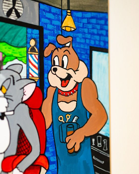 Tablou unicat Tom si Jerry cu Spike, canvas pe sasiu, 50x70 cm, piesa decorativa pentru o frizerie, barbershop sau orice alt spațiu modern