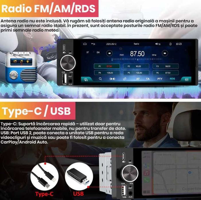 Navigatie GPS 1DIN Wireless CarPlay & Android Auto | Cameră Marșarier Inclusă