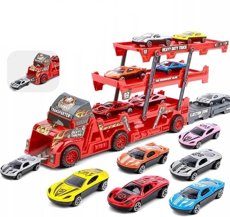 Автовоз с катапулт и 6 метални коли/син/червен/черен цвят