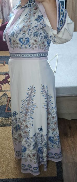 Rochie eleganta superba, alba cu model etnic violet, TrendButik, L-40