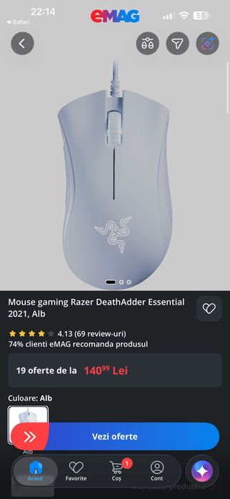 Mouse Gaming RAZER DeathAdder Essential 2021, 6400 dpi, alb