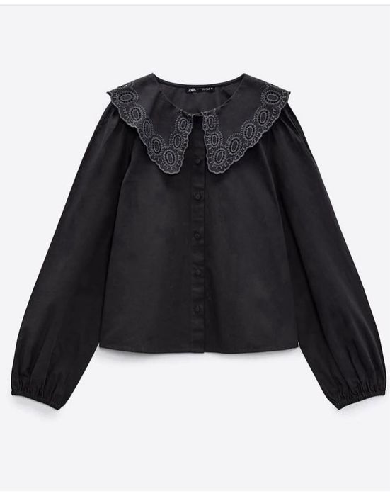 Camasa zara neagra guler broderie bumbac marime XS S M