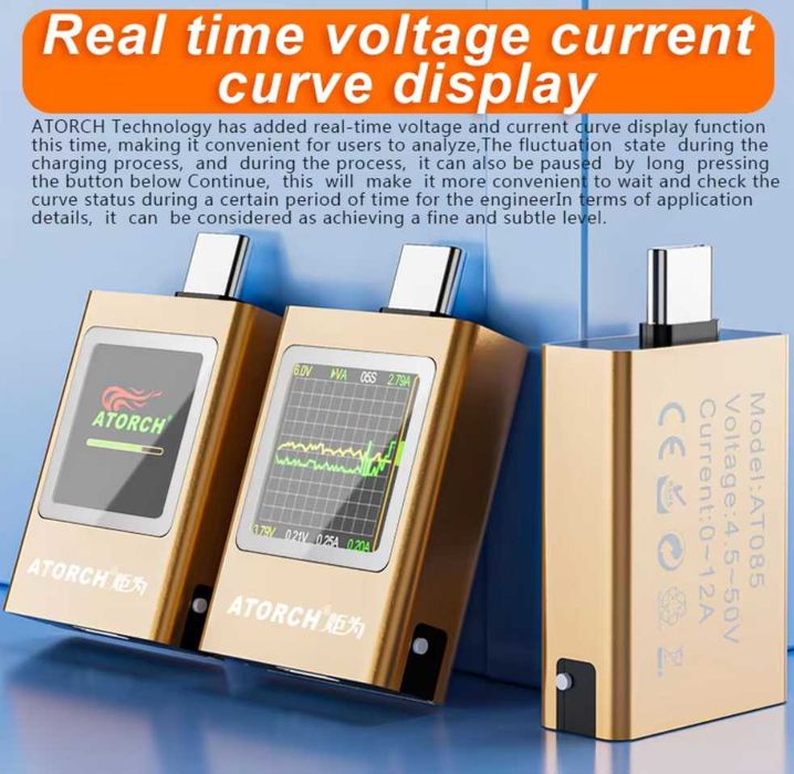 Новинка 2024 новый USB Type-C тестер AT085 DC 4,5-50V 0-12A 600W PD3.1