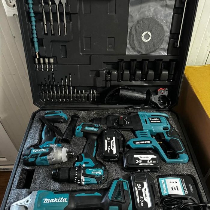 Set 4/1 Makita ,Rotopercutor ,Autofiletanta,Pistol impact,Flex,cu 3 Acumulatori 24V și 5Ah