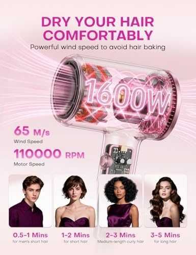 Нов Компактен йонен сешоар 1600W дифузер 2 скорости розов за коса жени бързо сушене