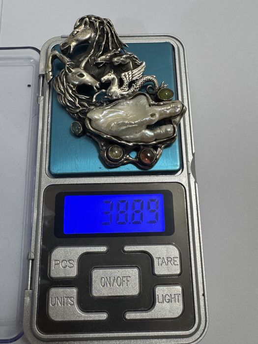 Pandantiv Argint 925 vechi, Art Nouveau. Perla baroc, aquamarin,granat