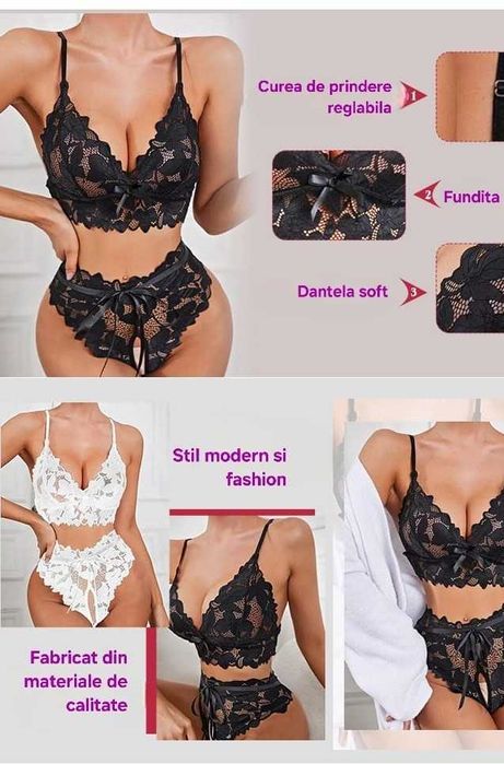 Set de lenjeria sexy erotica, material din dantela, 2 piese, M,  Negru
