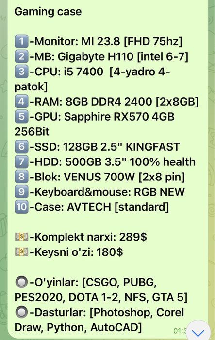 Kompyuter ( ofis ishlari va video montaj fotoshop va o’yonlar uchun