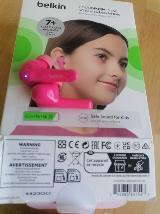 Căști wireless Belkin SoundForm Nano pentru copii fete – Microfon Bluetooth 5.0 Roz 5 ore de redare + 19 ore de incarcare in carcasa