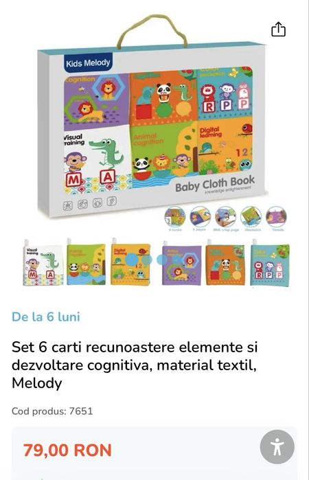 Set 6 carti fosnaitoare pt recunoastere elemente si dezvoltare cognitiva material textil Kids Melody