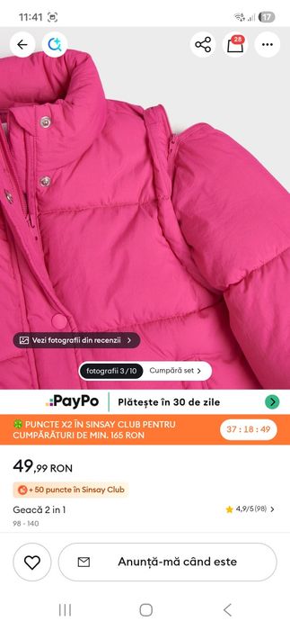 Geaca/fas Sinsay roz cyclam cu mâneci detașabile mar 98 impecabila