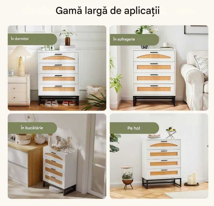 Comoda ratan 4 sertare manere si picioare metalice – dulap depozitare dormitor/living -LIVRARE GRATUITA !