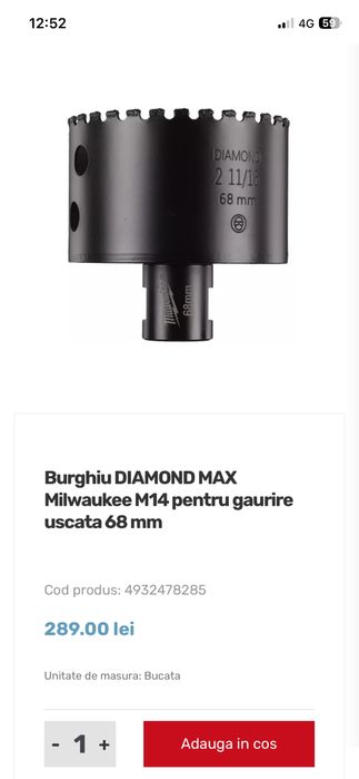 Burghiu Diamond Max Milwaukee M14 68 mm si de 0.8 mm